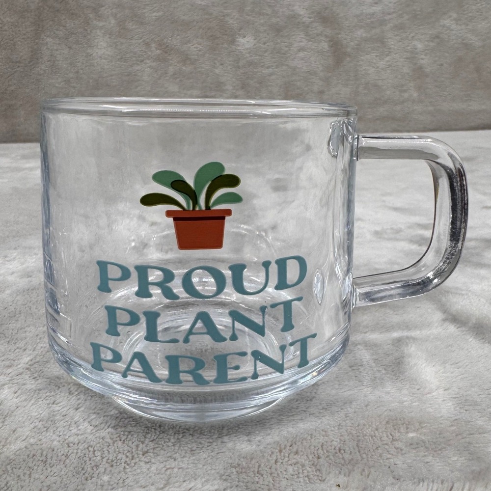 Proud Plant Parent Clear Glass Coffee Mug Tea Cup Potted Plant Graphic